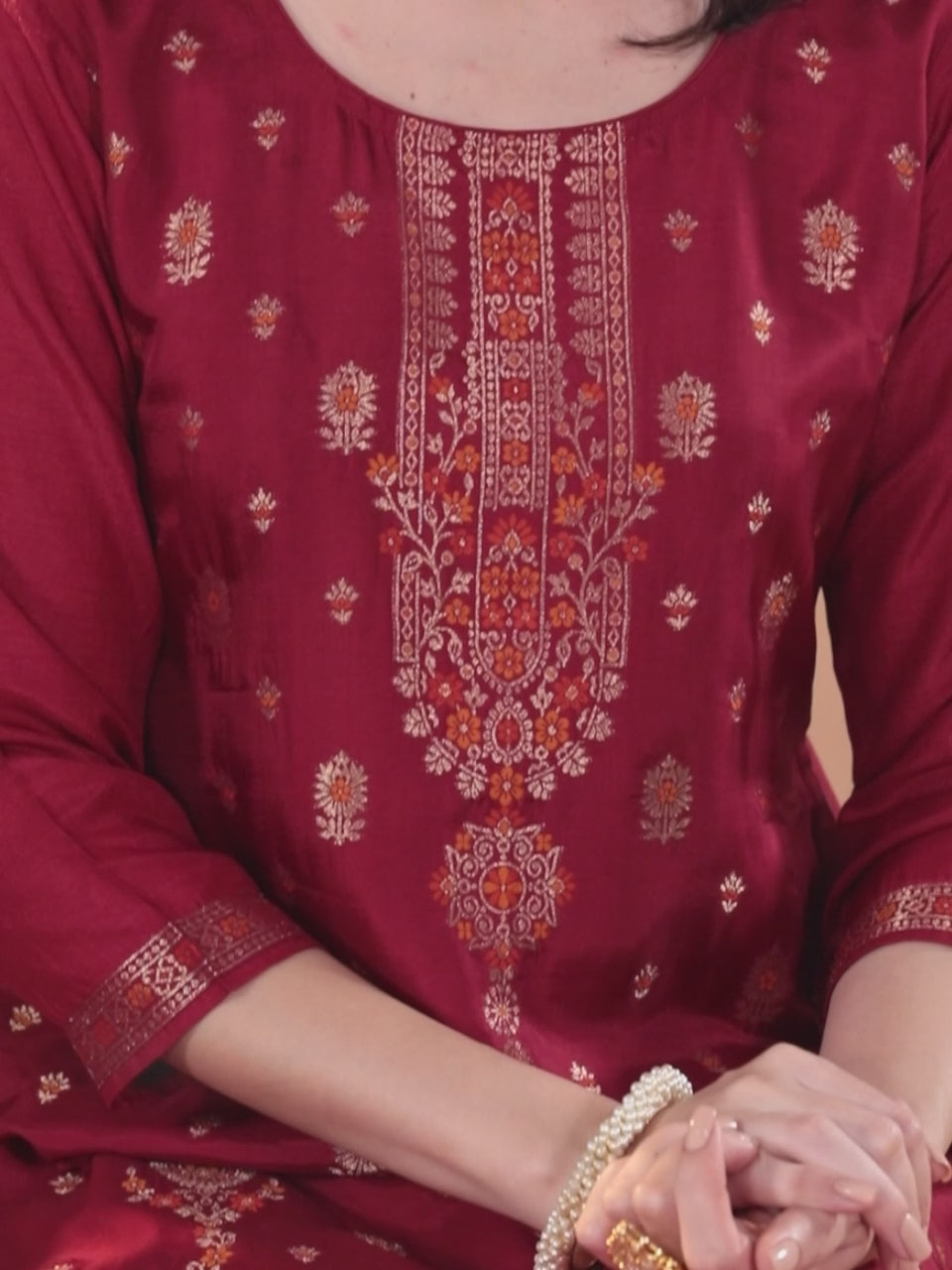 Maroon Woven Design Silk Blend Straight Suit With Dupatta