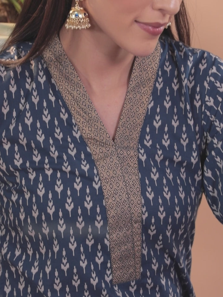 Blue Printed Cotton Straight Suit With Dupatta