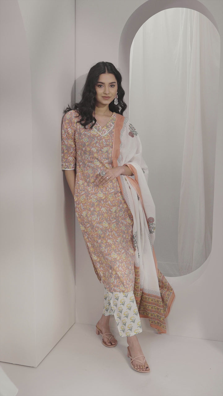 Coral Printed Cotton Straight Suit Set With Dupatta