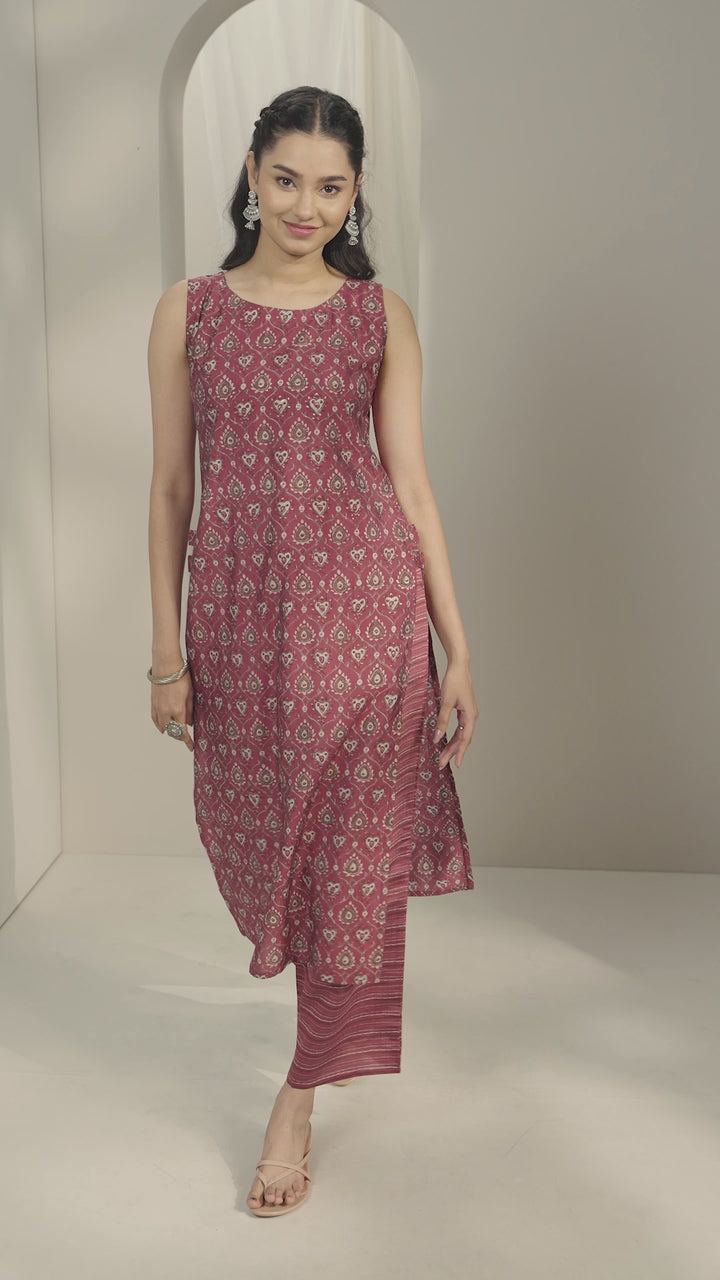 Wine Printed Silk Blend Straight Kurta Set
