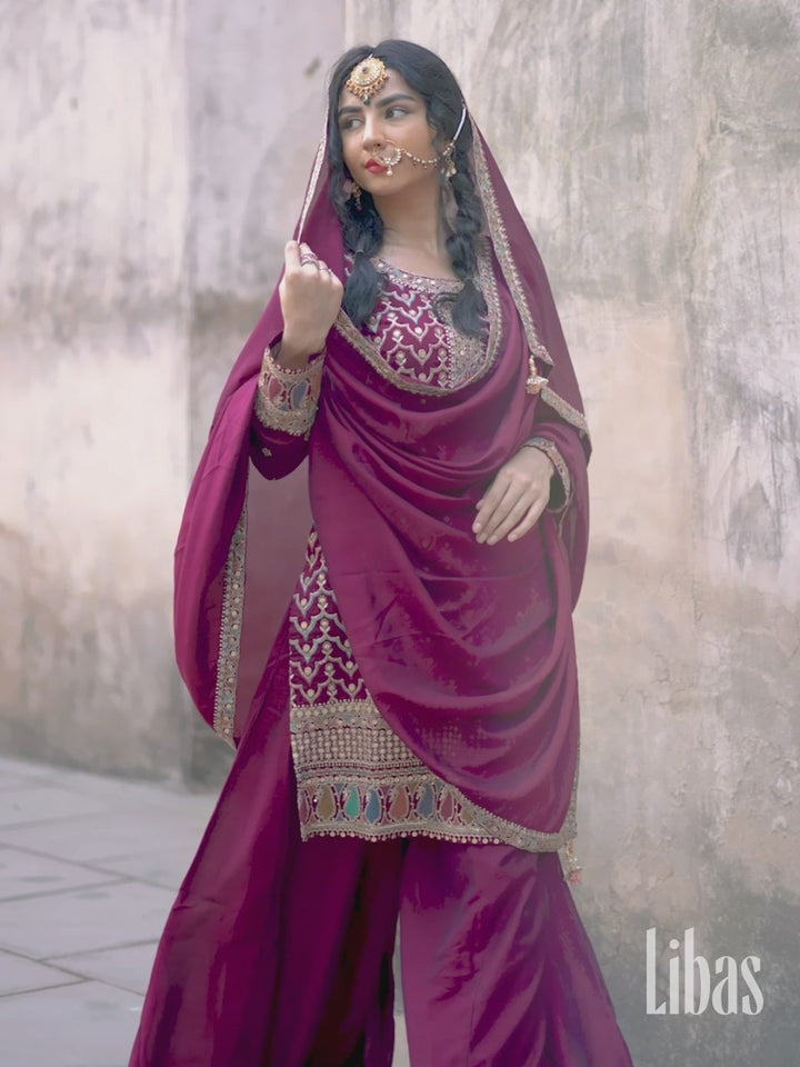 Libas Art Maroon Embroidered Silk Blend Straight Suit With Dupatta