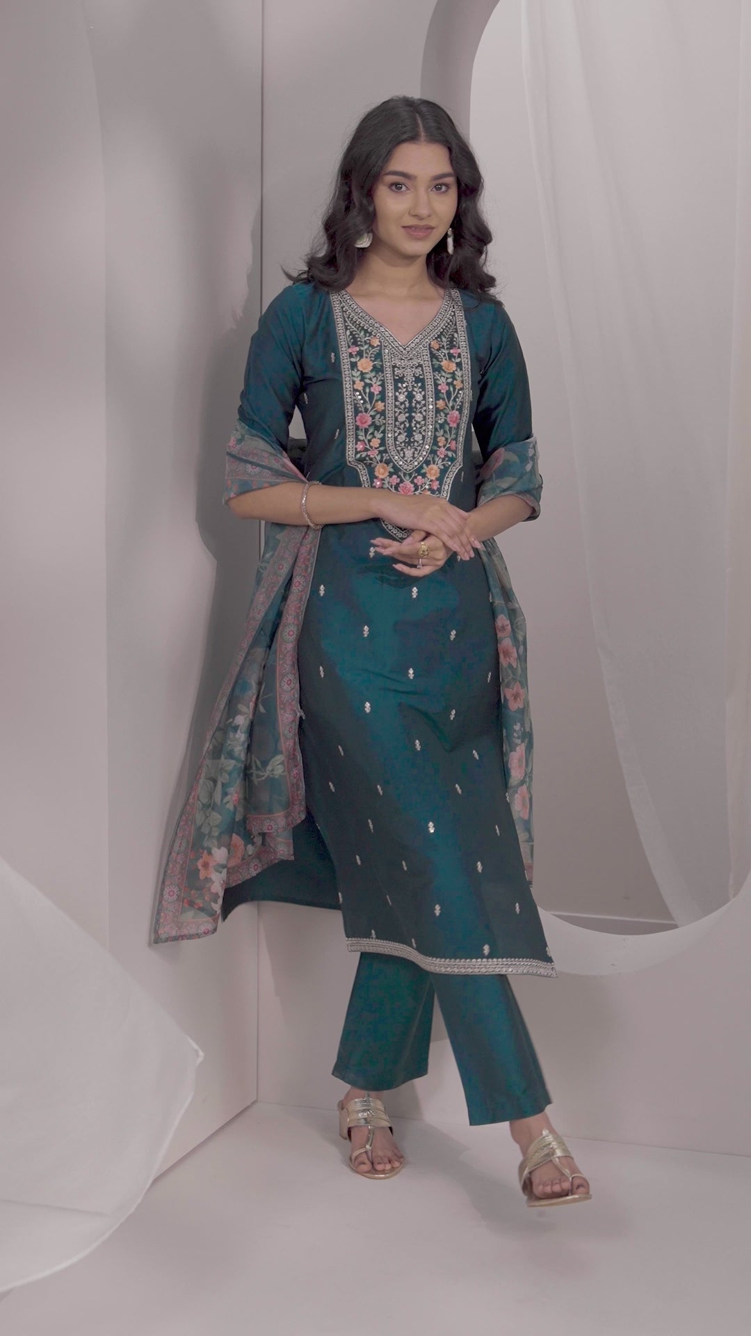 Teal Embroidered Silk Blend Straight Suit Set With Dupatta