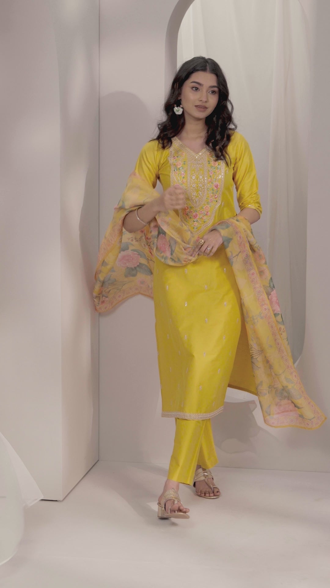 Mustard Embroidered Silk Blend Straight Suit Set With Dupatta