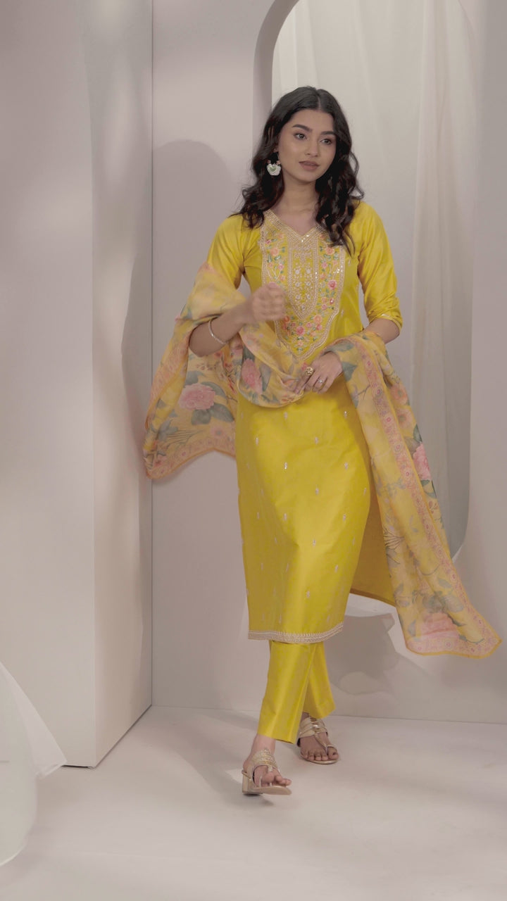 Mustard Embroidered Silk Blend Straight Suit Set With Dupatta