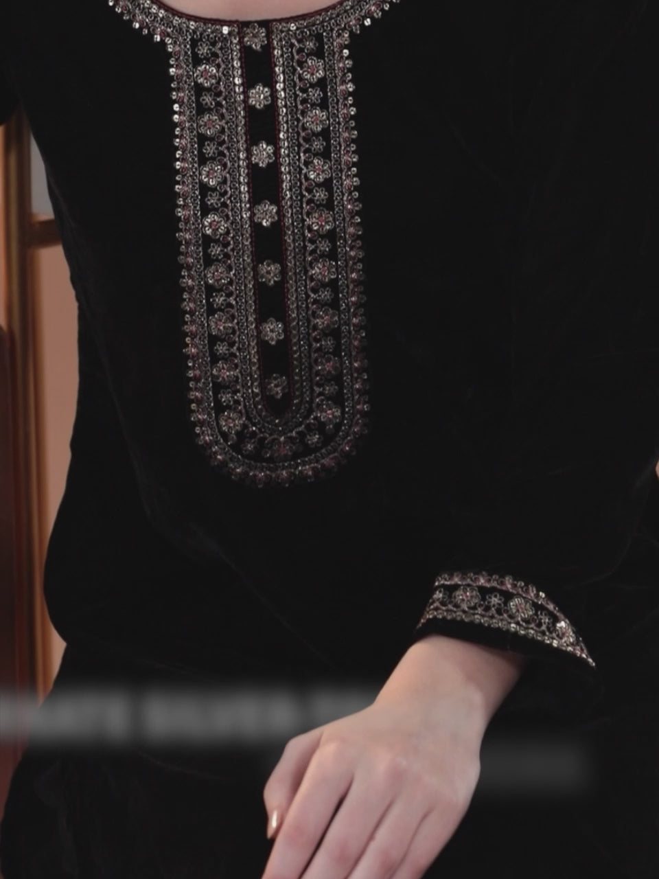 Black Yoke Design Velvet Straight Suit With Dupatta