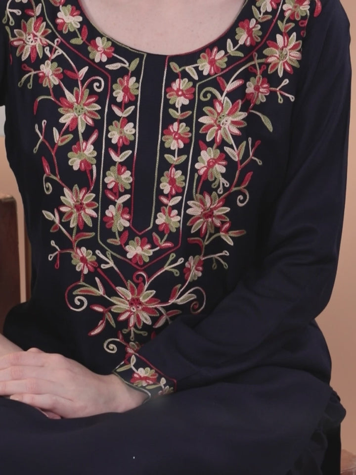 Navy Blue Yoke Design Wool Blend Straight Kurta Set