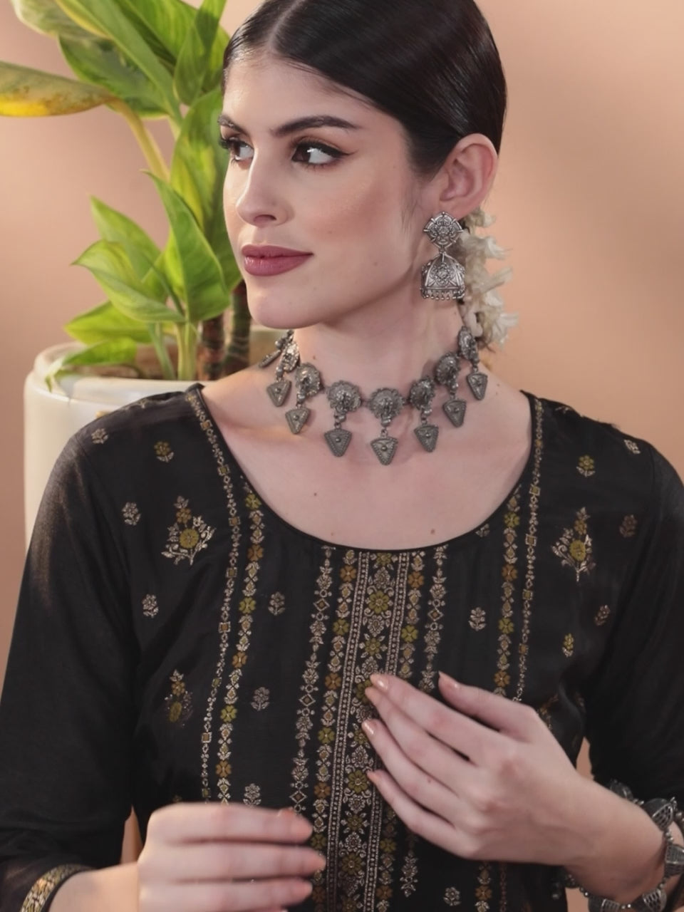 Black Woven Design Silk Blend Straight Suit With Dupatta