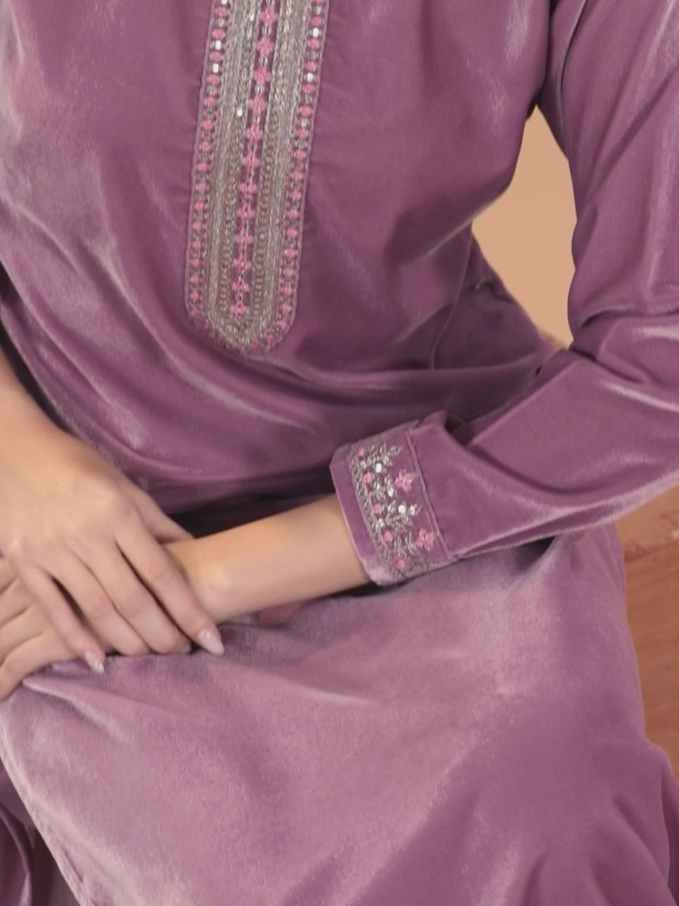 Mauve Yoke Design Velvet Straight Suit With Dupatta