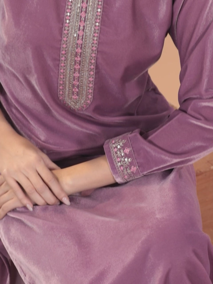 Mauve Yoke Design Velvet Straight Suit With Dupatta