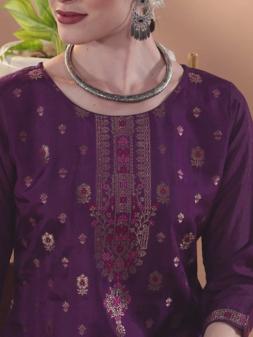 Purple Woven Design Silk Blend Straight Suit With Dupatta