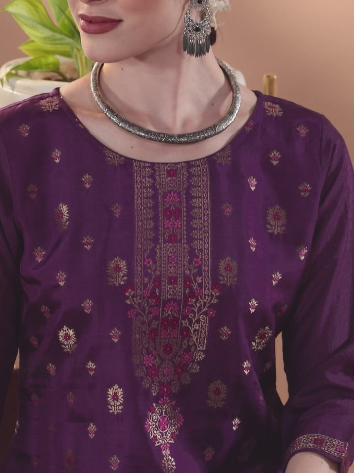 Purple Woven Design Silk Blend Straight Suit With Dupatta