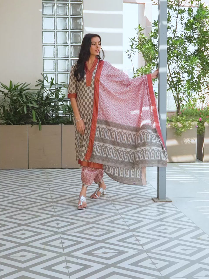 Beige Printed Cotton Straight Suit With Dupatta