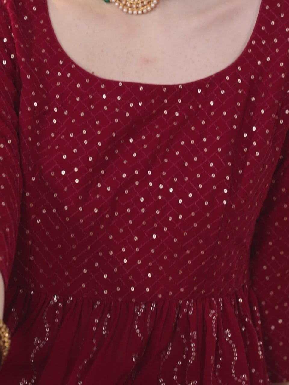 Maroon Embroidered Georgette A-Line Kurta With Palazzos & Dupatta