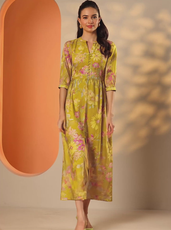 Green Printed Silk Blend Fit And Flare One Piece Dress