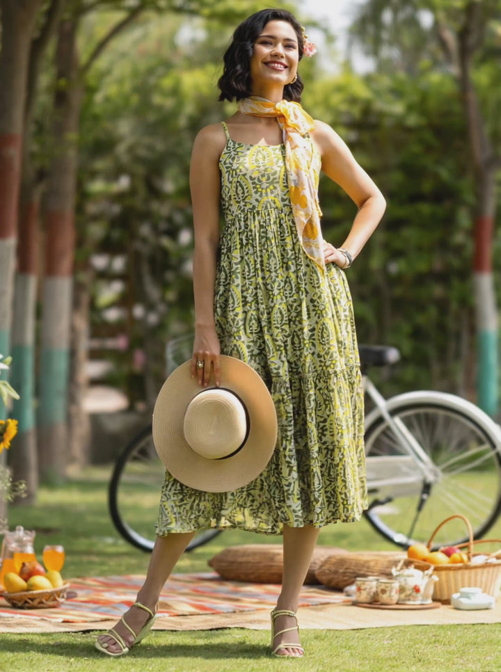 Olive Printed Cotton Fit and Flare One Piece Dress