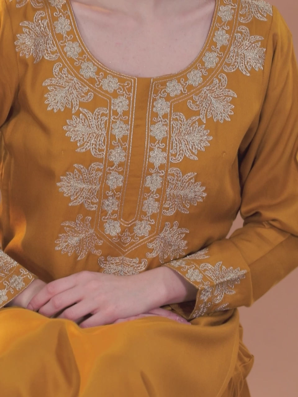 Mustard Yoke Design Wool Blend Straight Kurta Set