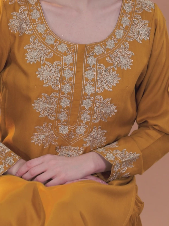 Mustard Yoke Design Wool Blend Straight Kurta Set