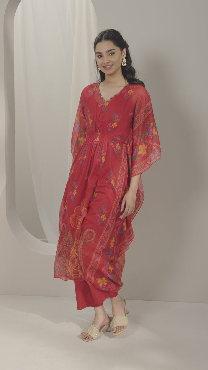 Maroon Printed Chiffon Kaftan Kurta Set