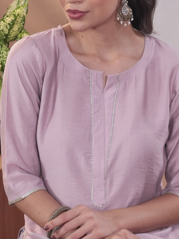 Mauve Solid Silk Blend Straight Suit With Dupatta