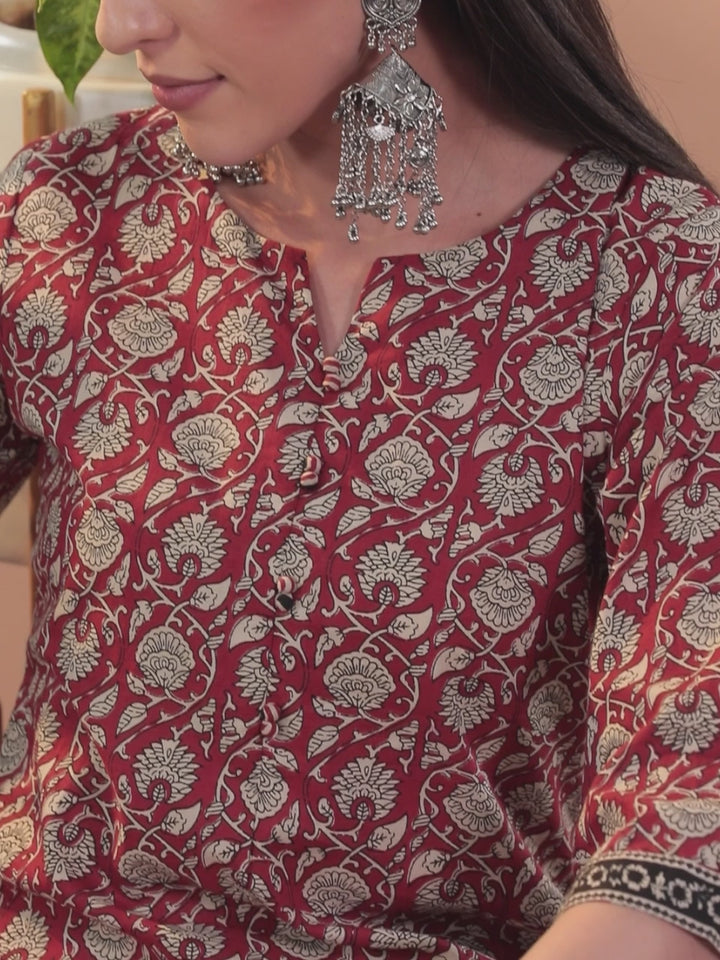 Maroon Printed Cotton Straight Suit With Dupatta
