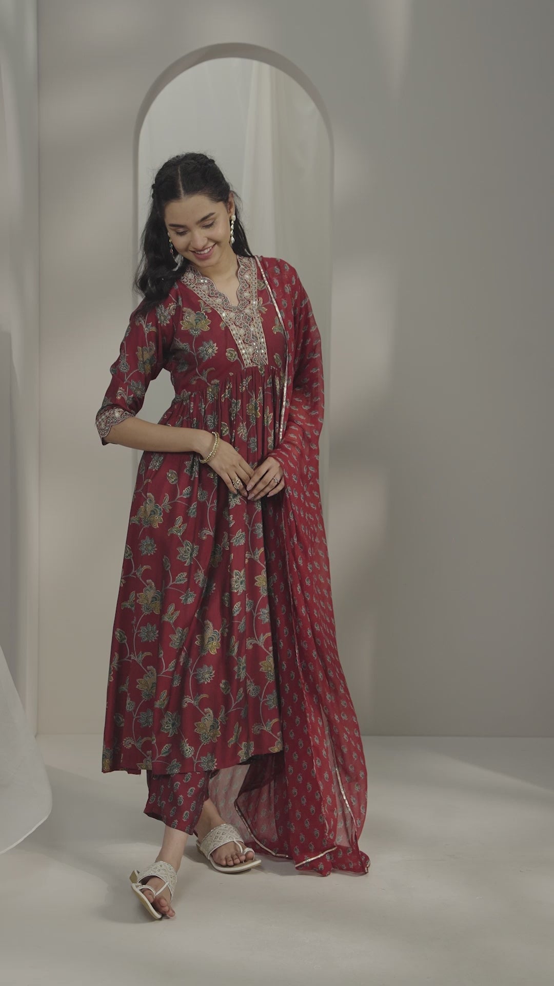 Maroon Printed Silk Blend A-Line Kurta With Trousers & Dupatta