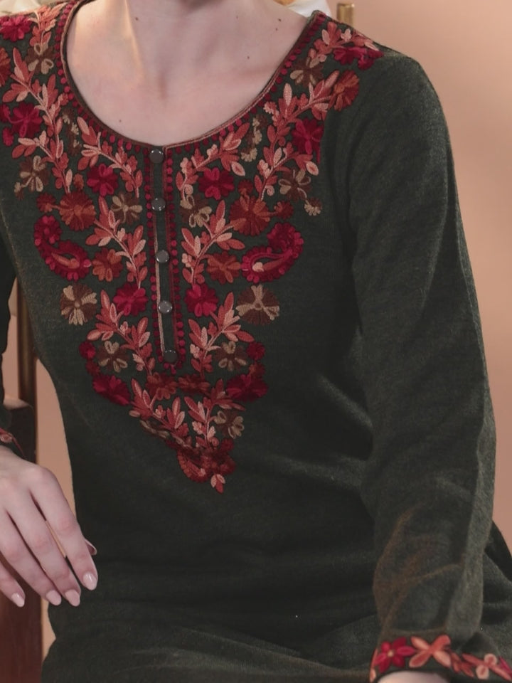 Green Yoke Design Wool Straight Kurta Set