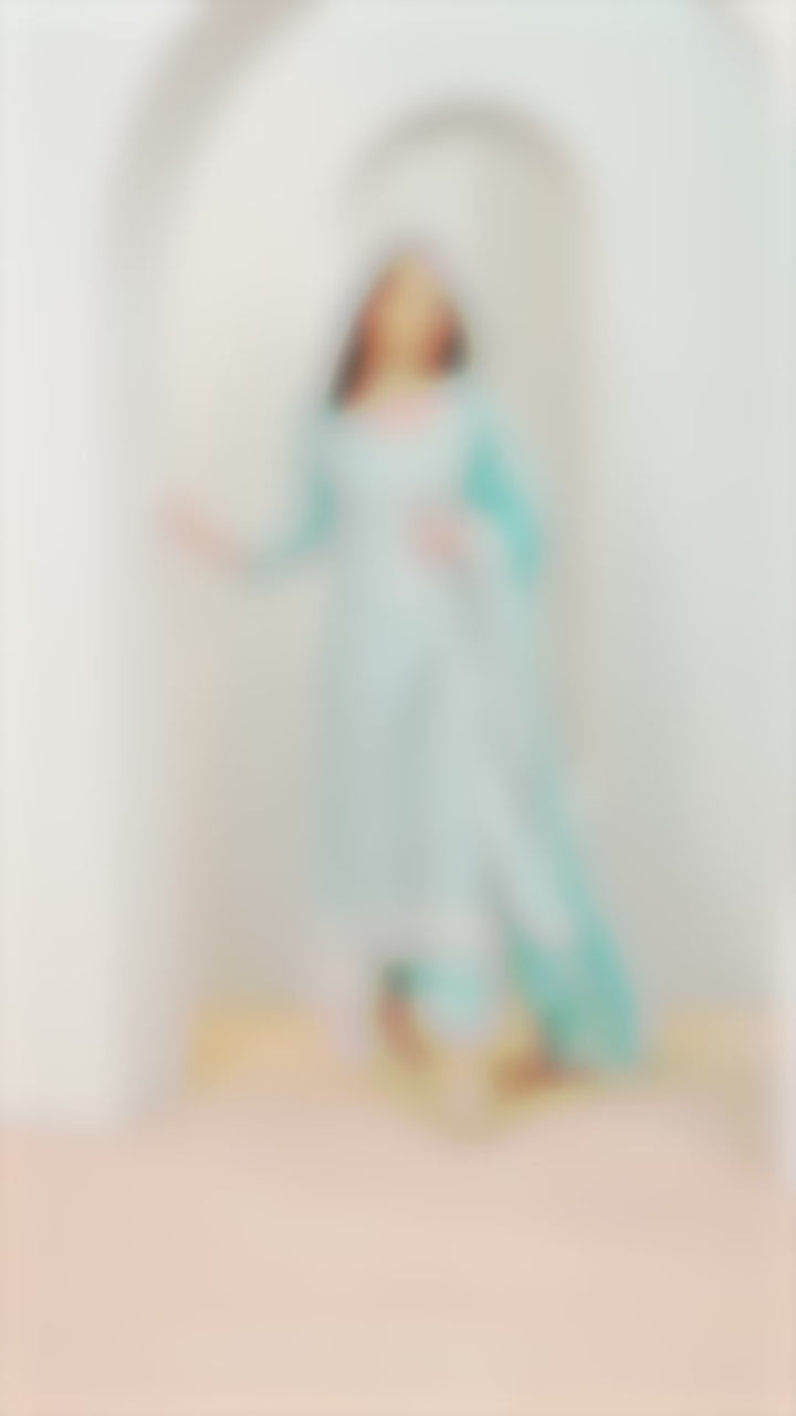 Blue Embroidered Silk Blend Straight Suits With Dupatta