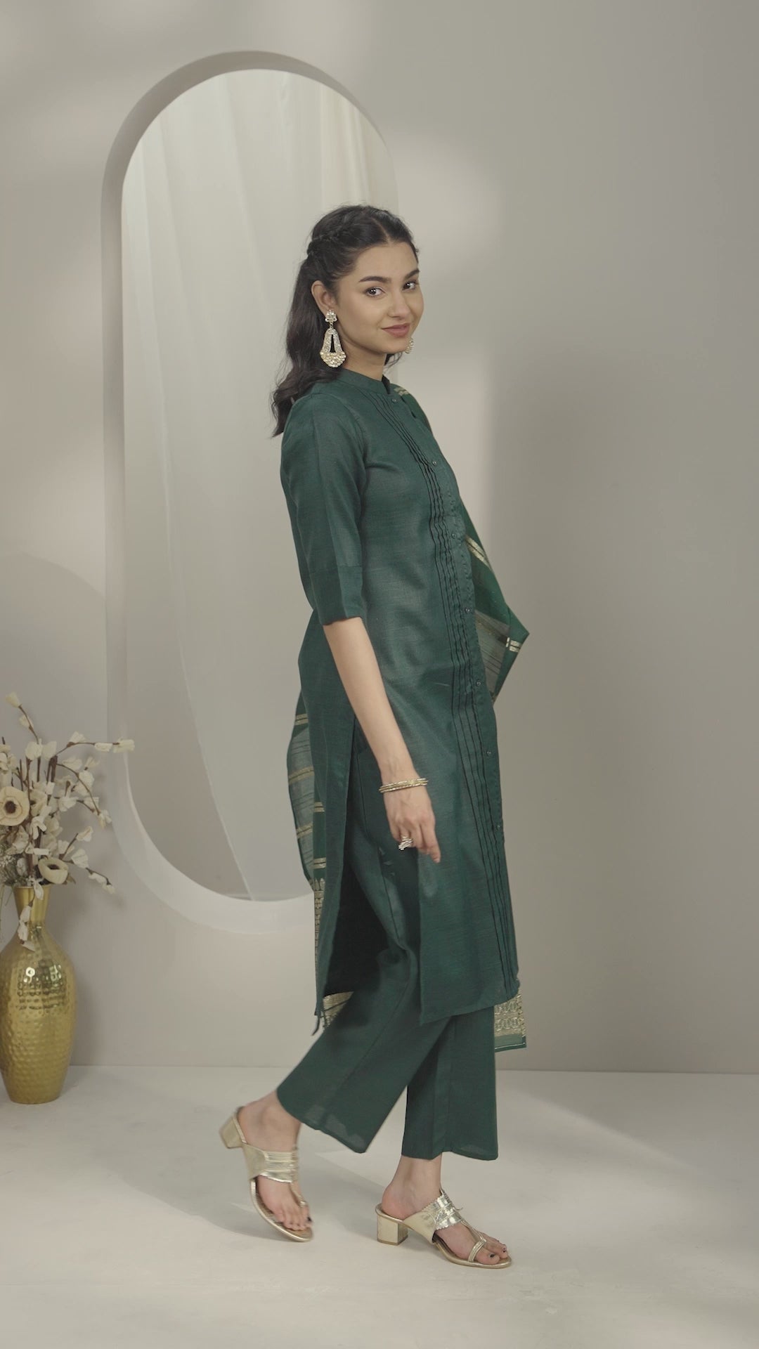 Green Solid Cotton Blend Straight Suit With Dupatta