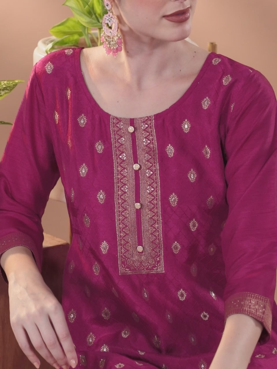 Maroon Woven Design Silk Blend Straight Suit With Dupatta