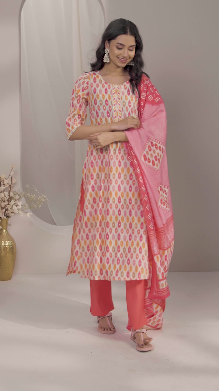 Pink Printed Silk Blend Straight Suit Set With Dupatta