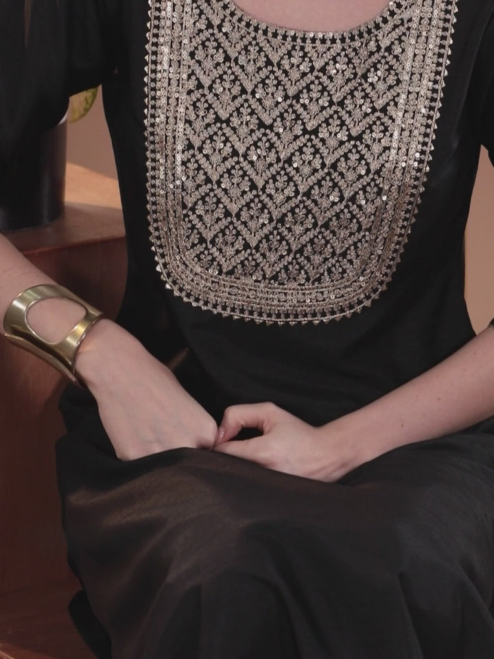 Black Yoke Design Silk Blend Straight Kurta With Palazzos & Dupatta
