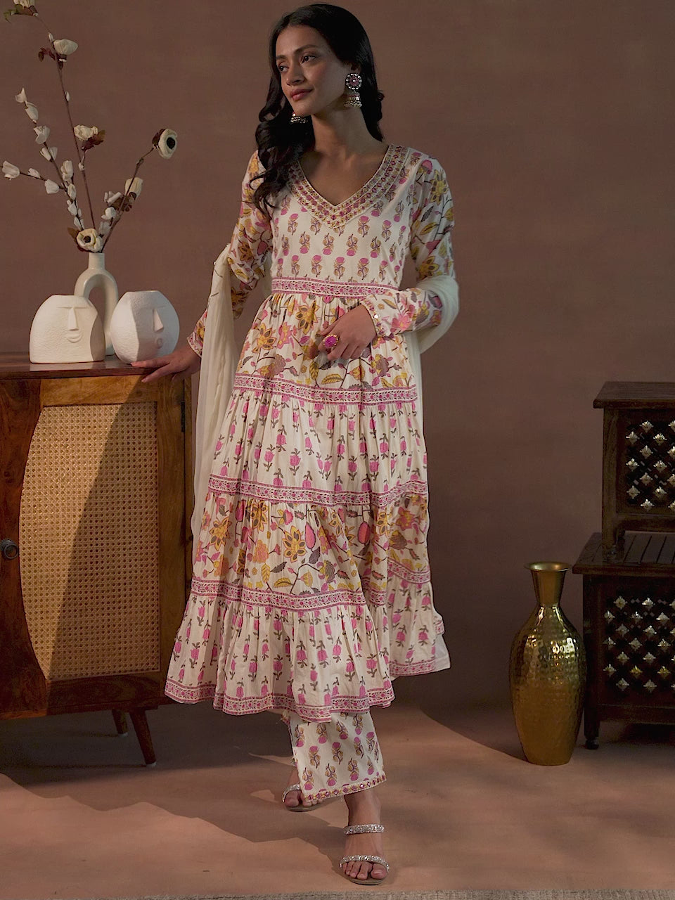 Off white Printed Cotton A-Line Kurta With Palazzos & Dupatta