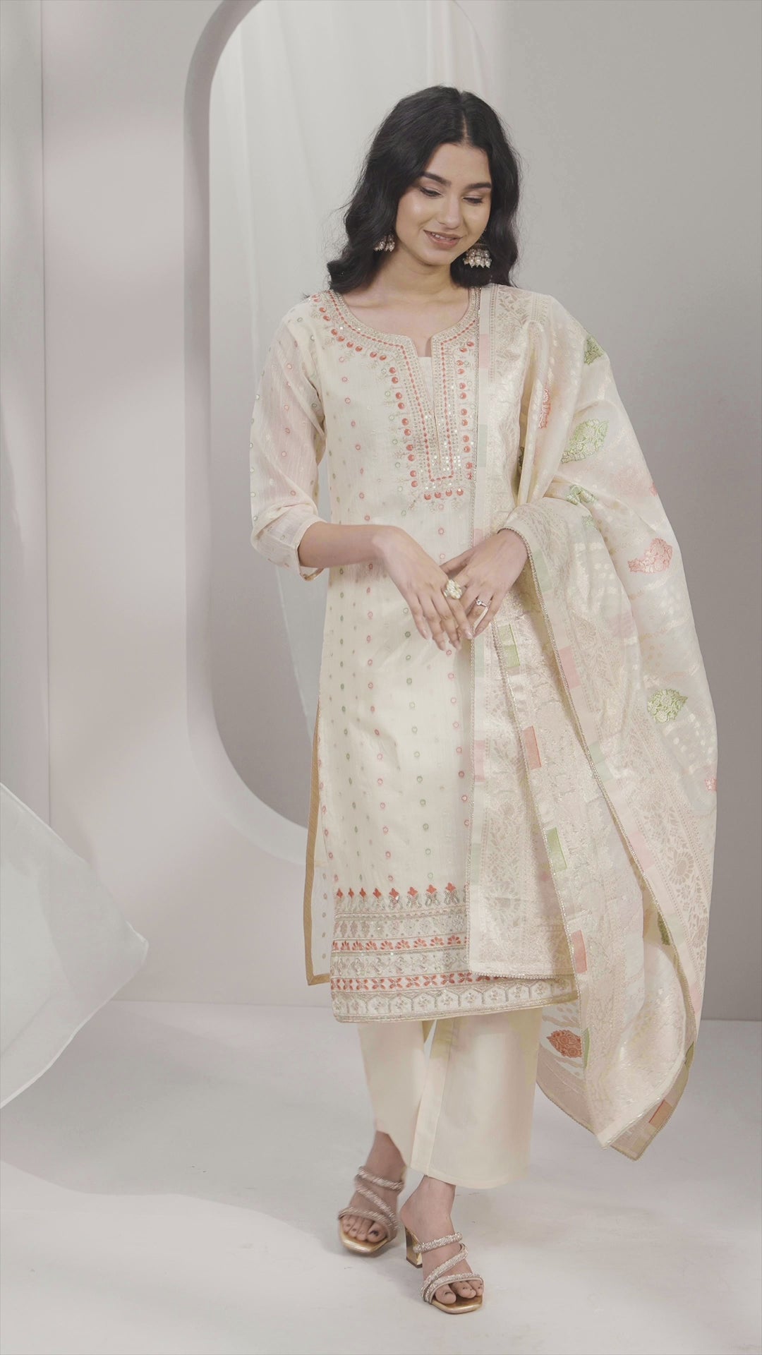 Off White Woven Design Chanderi Silk Straight Suit Set With Dupatta
