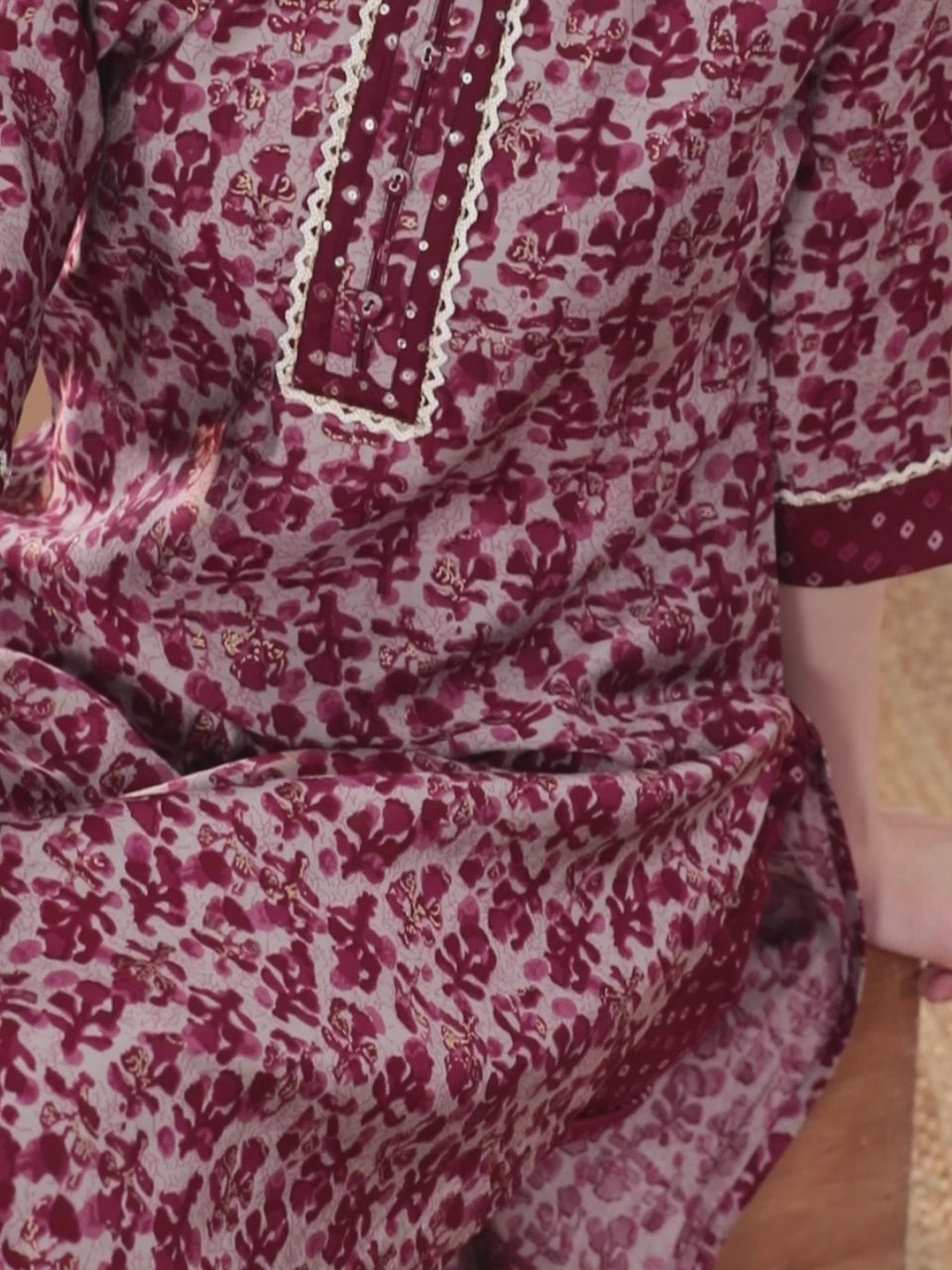 Maroon Printed Silk Blend Straight Kurta Set