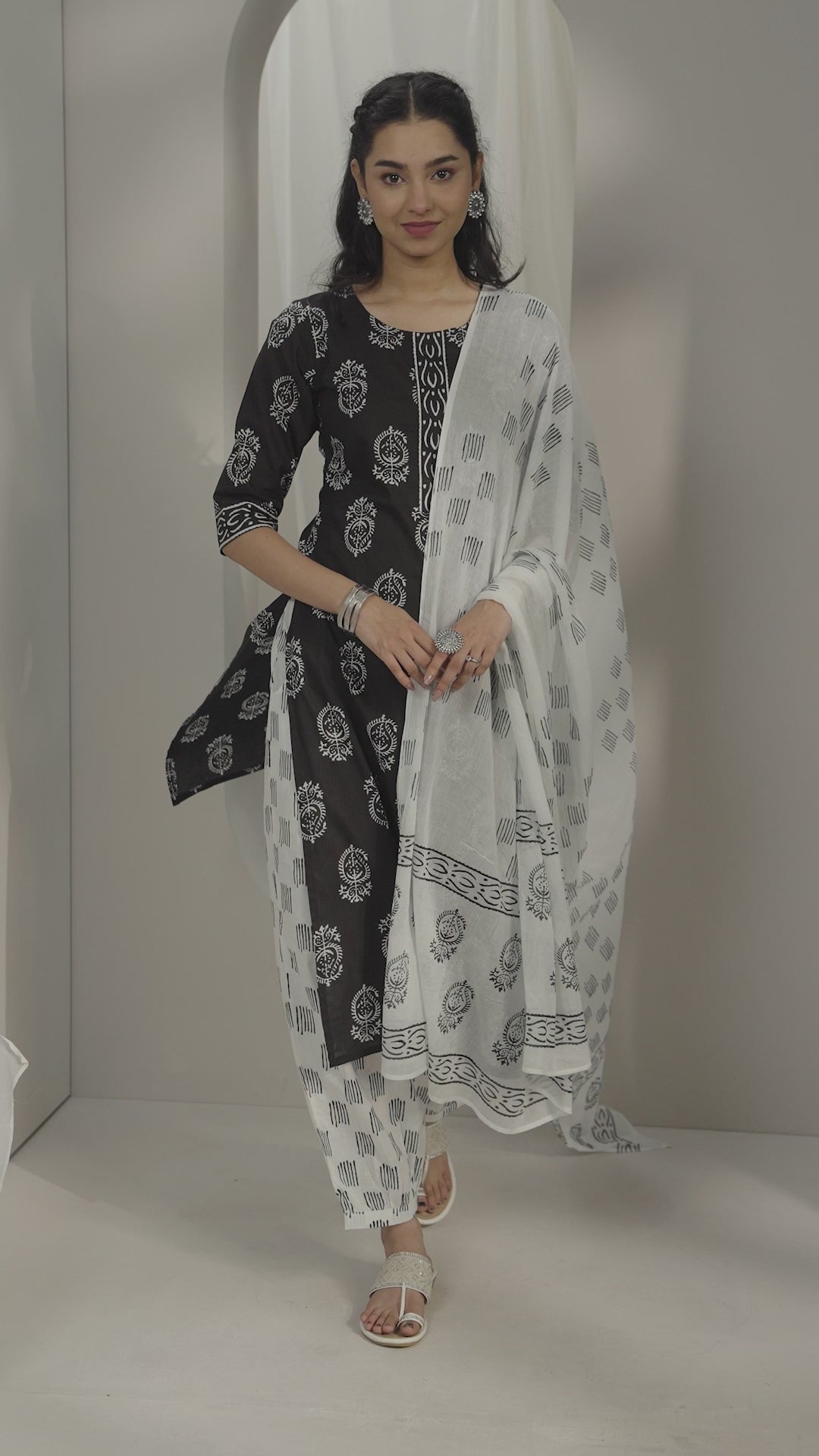 Black Printed Cotton Straight Suit Sets With Dupatta