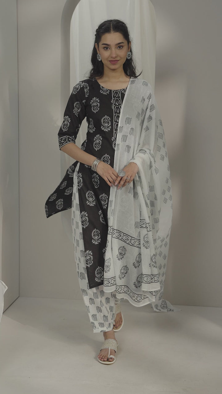 Black Printed Cotton Straight Suit Sets With Dupatta