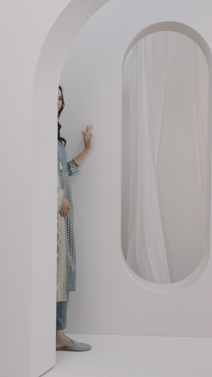 Grey Woven Design Chanderi Silk Straight Suit Set With Dupatta