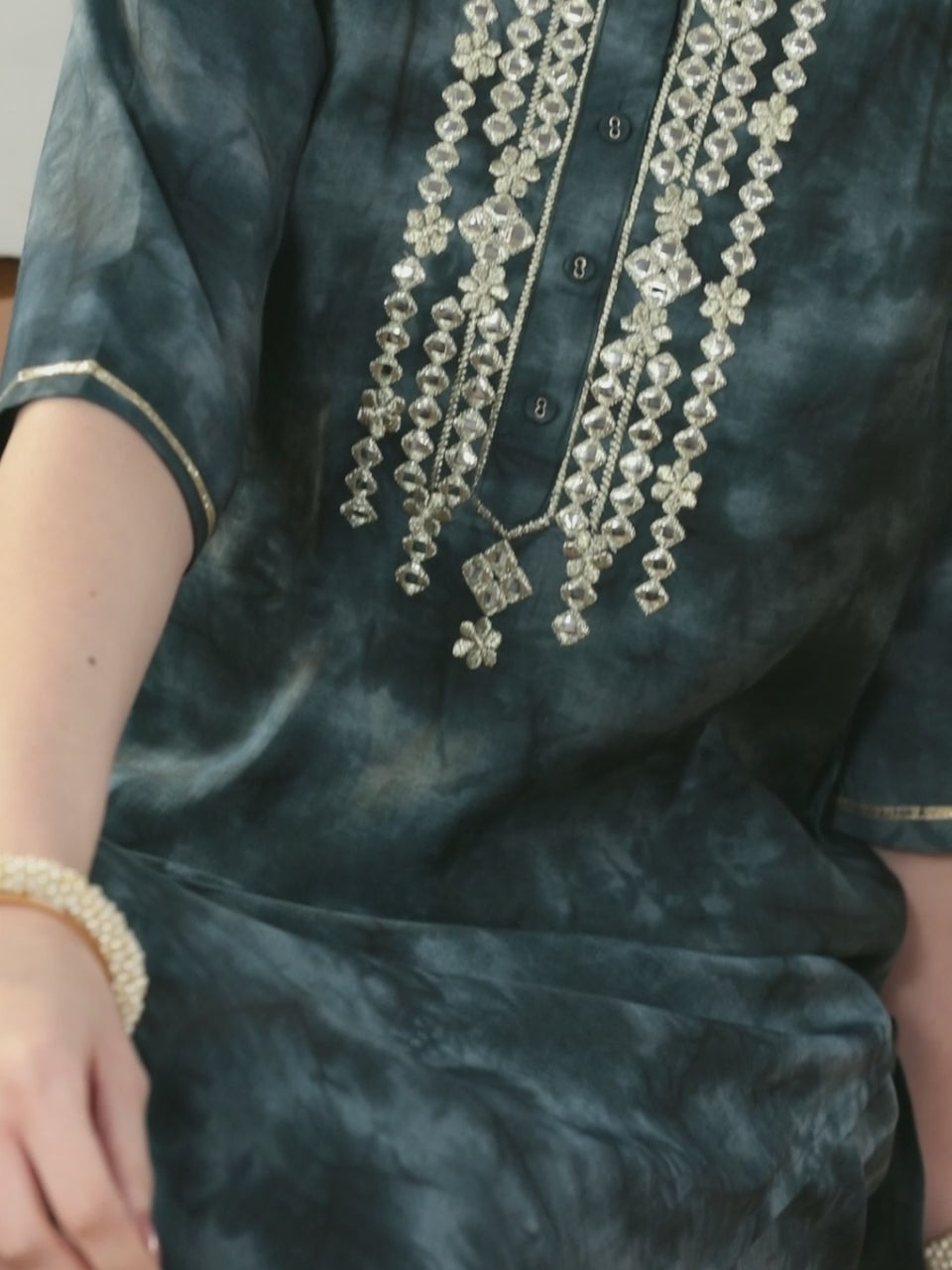Grey Printed Silk Blend Straight Suit With Dupatta