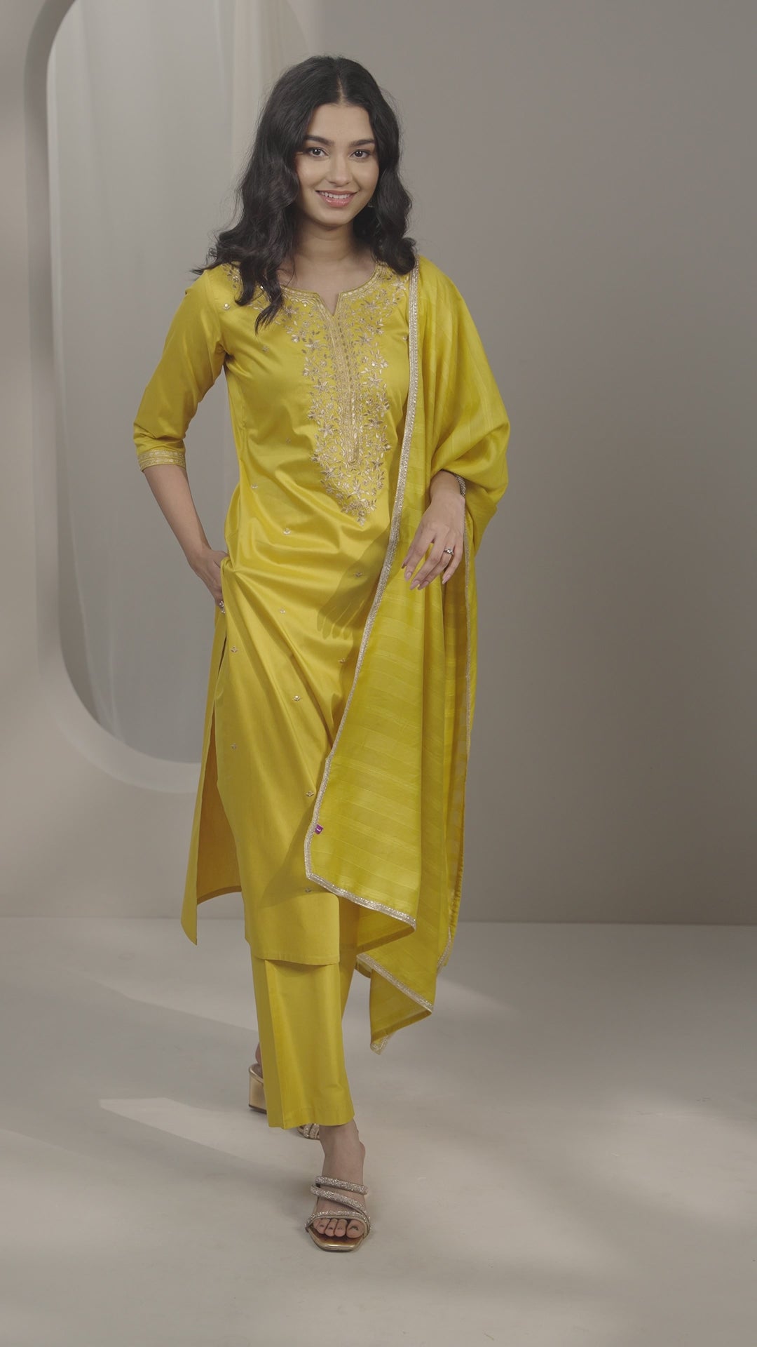 Mustard Embroidered Silk Blend Straight Suit Set With Dupatta