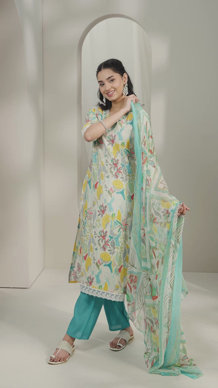 Multi Printed Silk Blend Straight Suit Set With Dupatta
