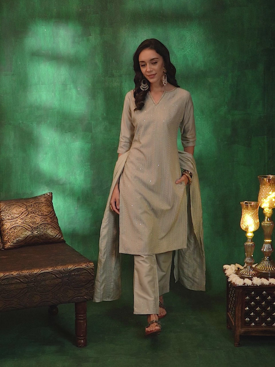 Grey Self Design Silk Blend Straight Suit With Dupatta