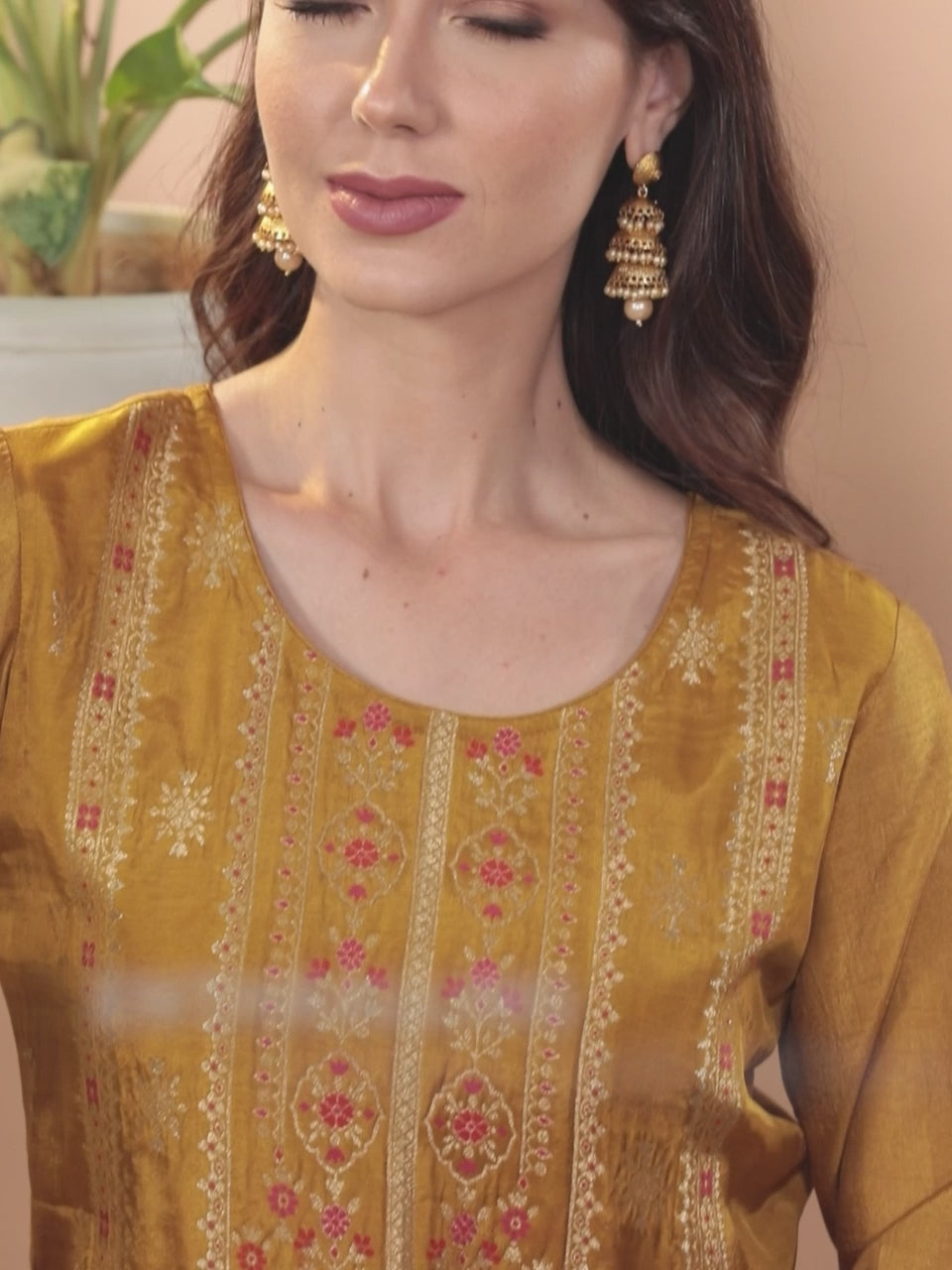 Mustard Self Design Silk Blend Straight Suit Set With Trousers