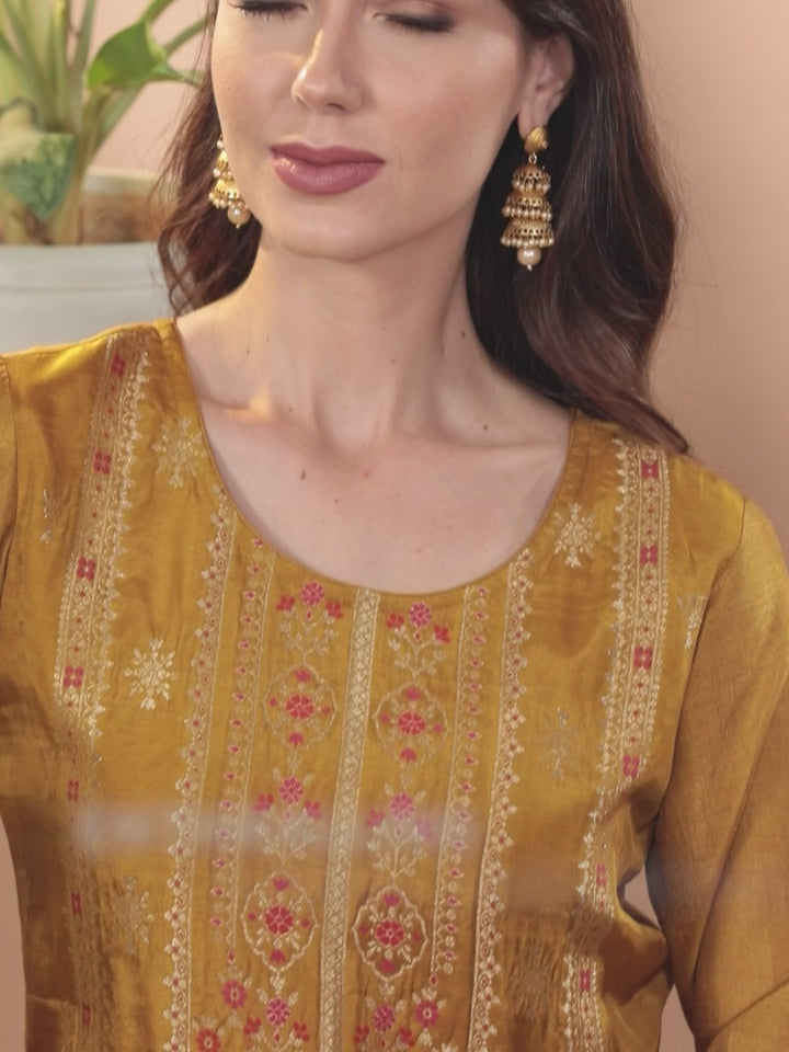 Mustard Self Design Silk Blend Straight Suit Set With Trousers