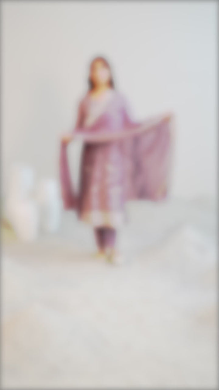 Mauve Embroidered Silk Blend Straight Suit Set With Dupatta