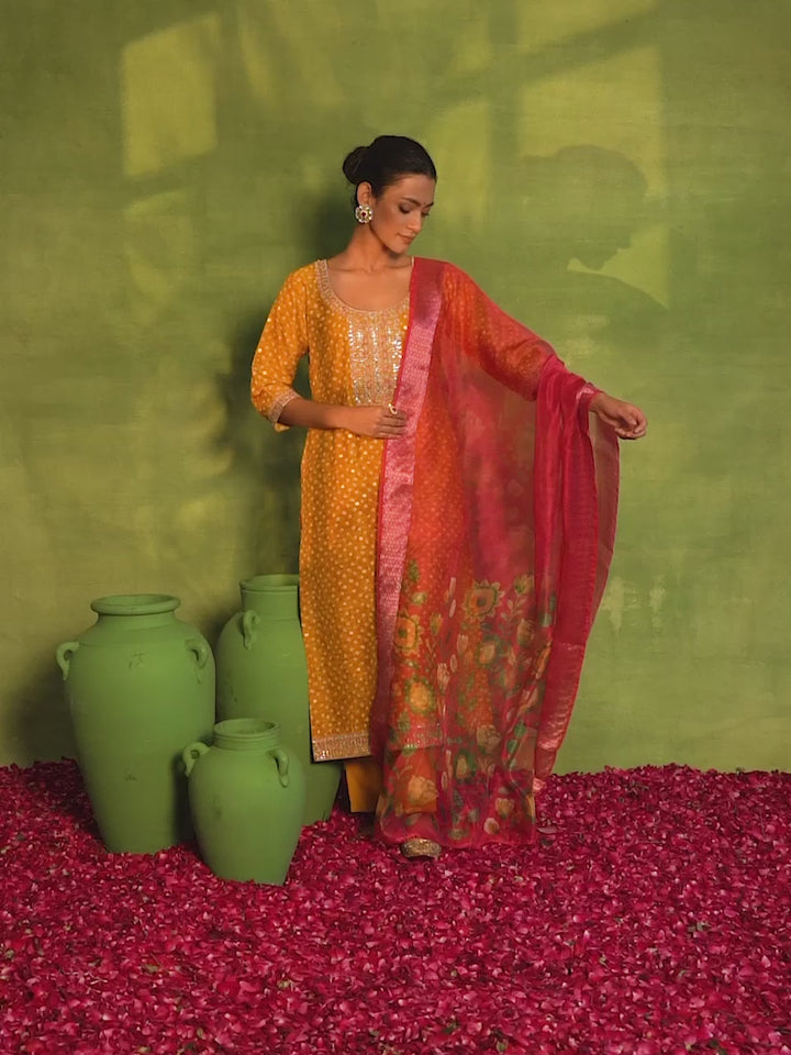 Mustard Printed Silk Blend Straight Suit With Dupatta