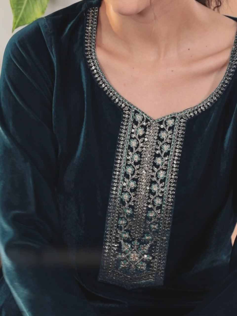 Teal Yoke Design Velvet Straight Suit With Dupatta