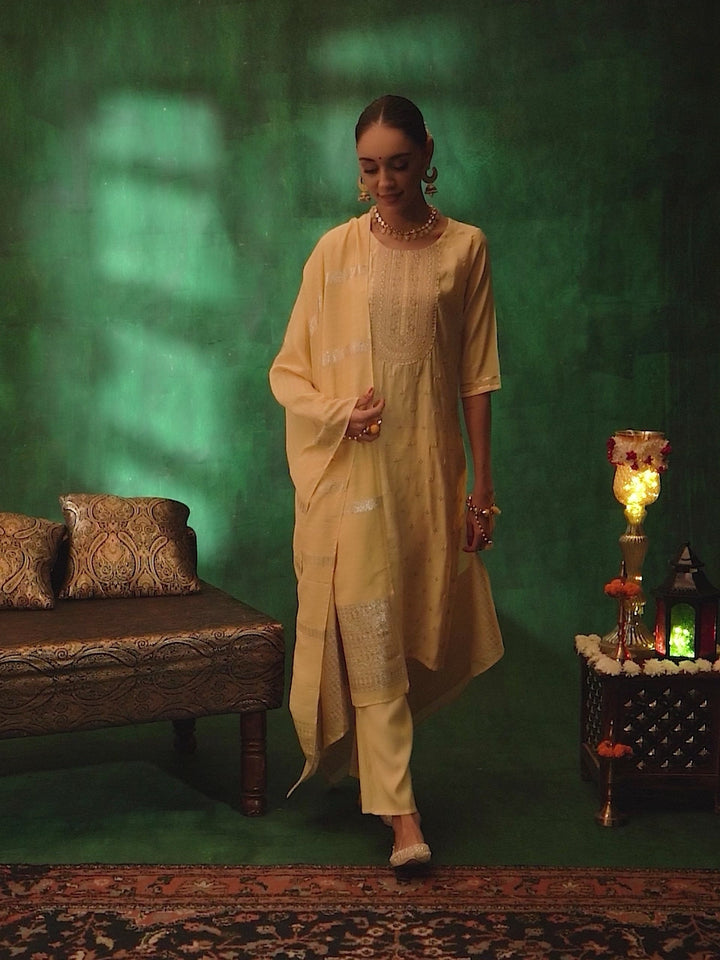 Lime Yellow Embroidered Silk Blend Straight Suit With Dupatta