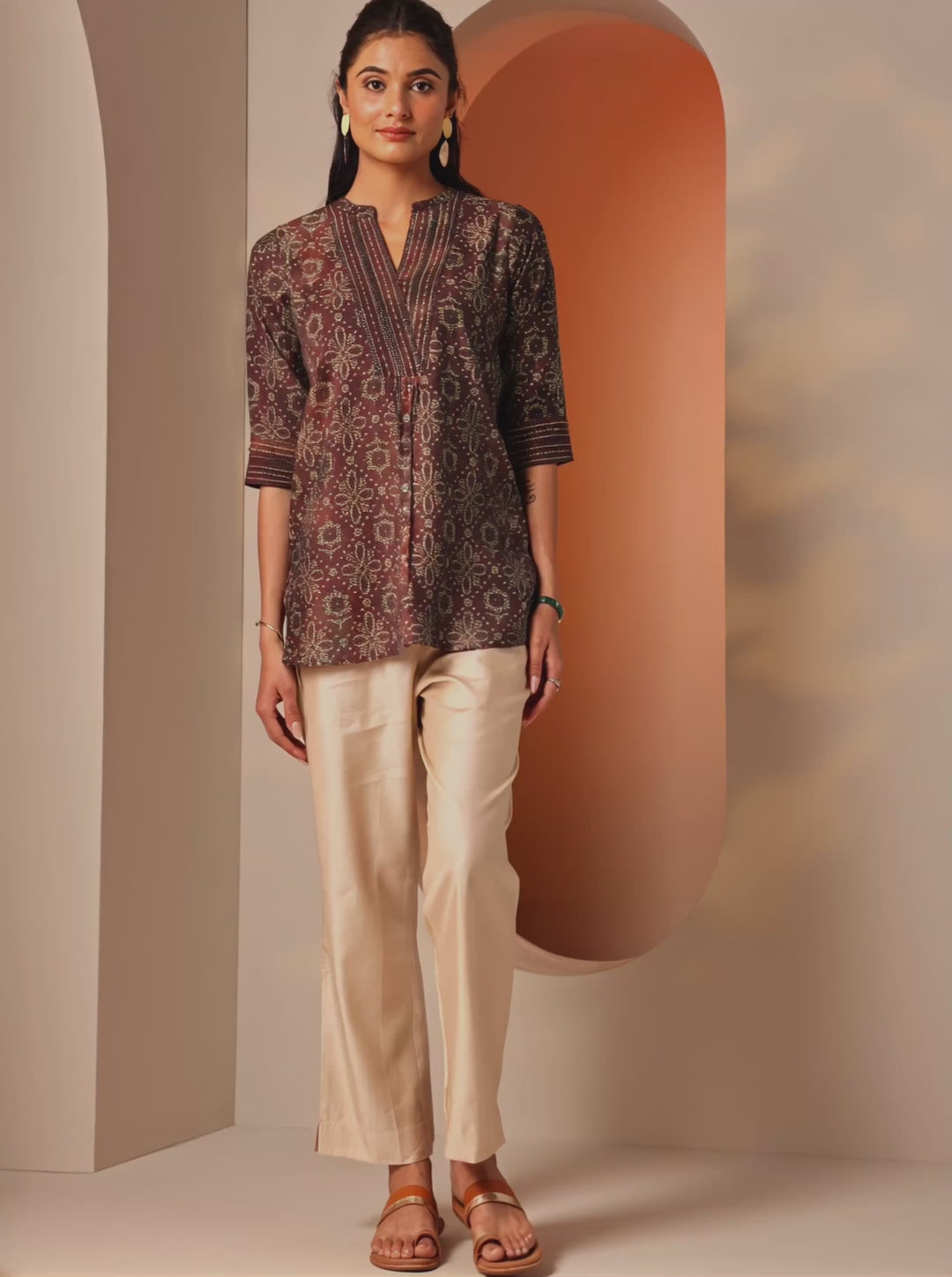 Maroon Printed Silk Blend Straight Short Kurti