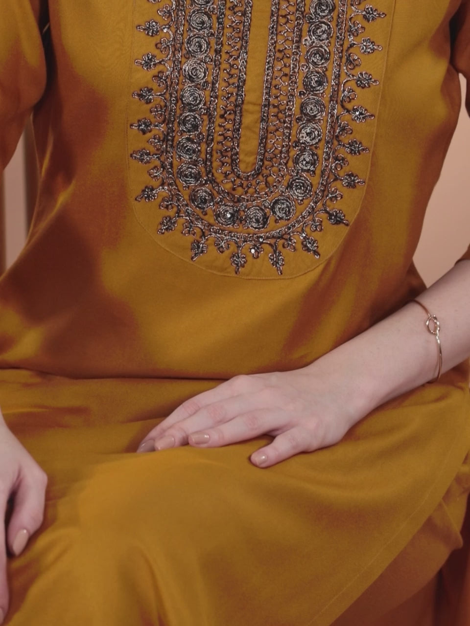 Mustard Yoke Design Wool Blend Straight Kurta Set