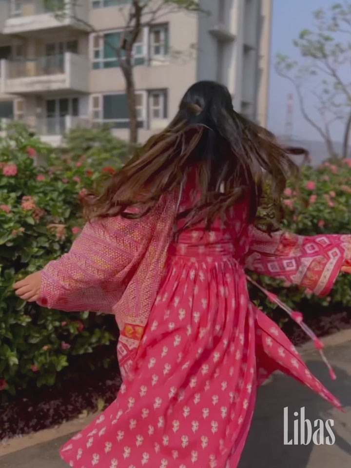 Coral Printed Cotton A-Line Suit Set With Trousers